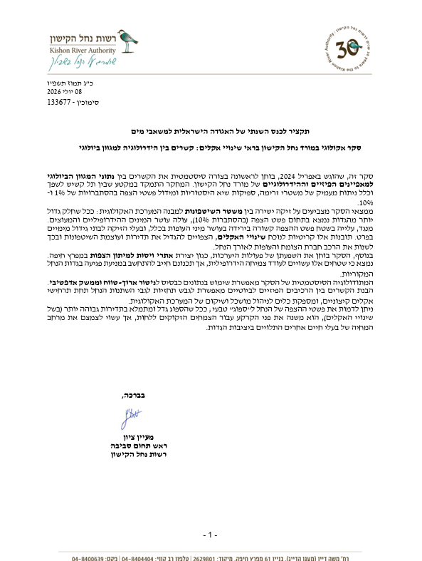 סקר אקולוגי במורד נחל הקישון בראי שינויי אקלים: קשרים בין הידרולוגיה למגוון ביולוגי